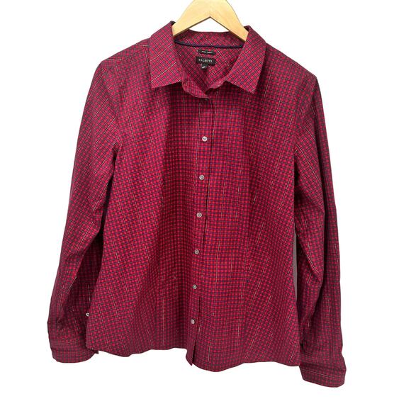 Talbots Blouse Womens 14 Red Blue Plaid Button Up Wrinkle Resistant Metallic - Picture 1 of 9
